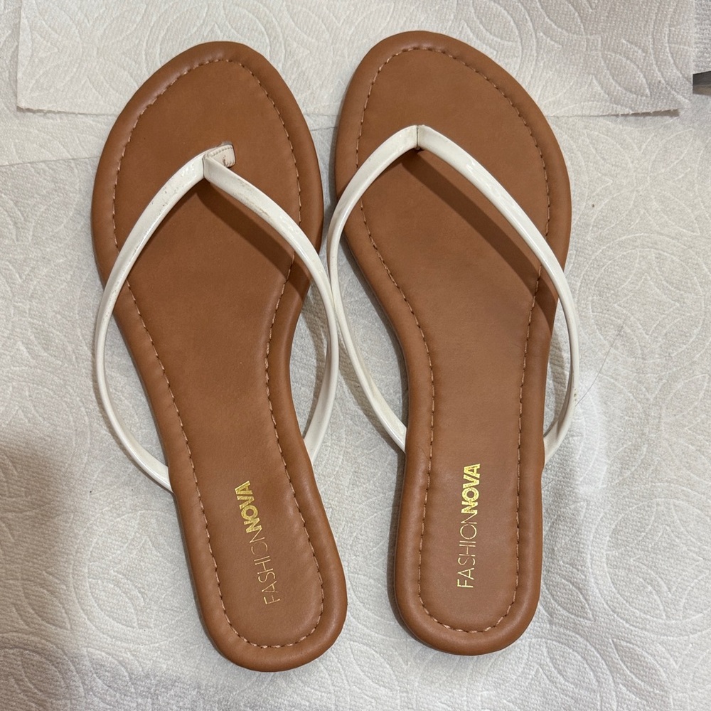 Fashion Nova White Strap Tan Footbed Women's Thong Sandals